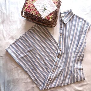 Sleeveless Blue Stripe Midi Shirt Dress - Lightweight Button-Front